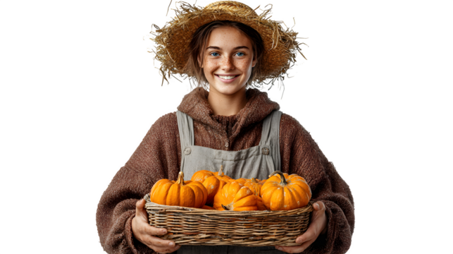 Pumpkin farmer holding basket of candy apples, isolated on white - Powered by Adobe