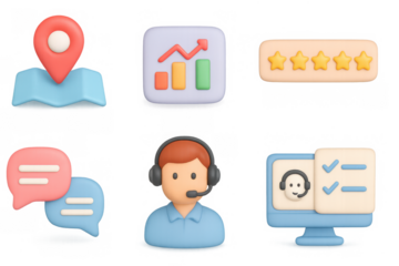 3d customer service icons with chat bubbles and analytics symbols