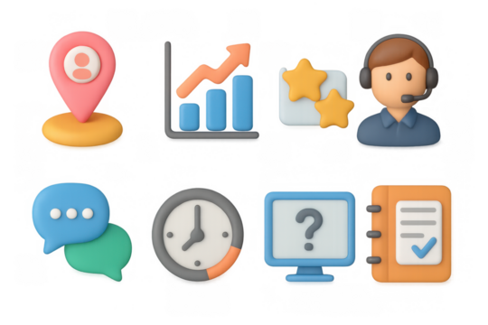 3d business icons set: customer support, analytics, and communication