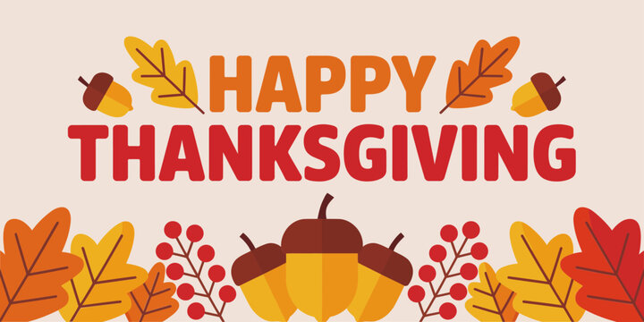 Happy Thanksgiving typographic banner, bold sans letters, leaf and acorn decorations, fall border, web social post, vector
