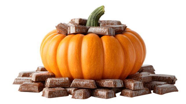 Pumpkin filled with wrapped chocolate bars stacked high, isolated on white
