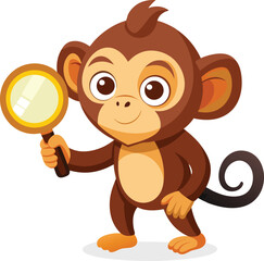 Curious cartoon monkey examining something with a magnifying glass
