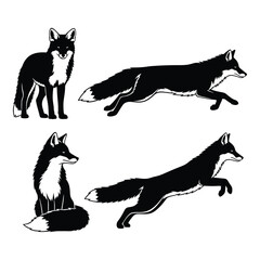 Dynamic fox poses four silhouettes capturing agility and grace in black and white silhouette