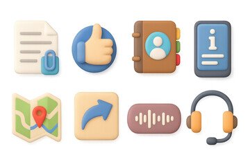Colorful 3d icons set for apps and websites: navigation, communication