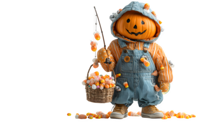 Pumpkin fisherman holding rod with candy fish, isolated on white