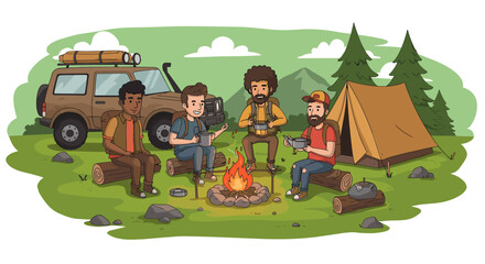 Fototapeta premium Friends camping adventure with campfire and tent in nature setting
