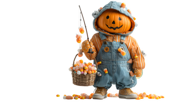Pumpkin fisherman holding rod with candy fish, isolated on white