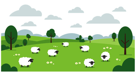 Peaceful pasture with sheep grazing in lush green landscape under cloudy sky