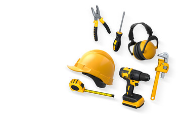 Fototapeta premium Various construction tools including wrench, hammer, pliers, and helmet isolated on white background with clipping path