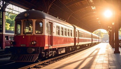 Vintage Train at Station Bathed in Golden Sunlight, Long Exposure