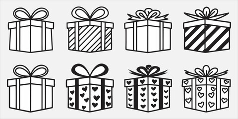 Set of Gift box line icon set. Present pack with editable stroke. Simple outline vector illustration for birthday, christmas, or anniversary celebration. Surprise package symbols. silhouette