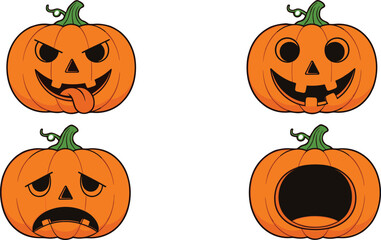 Halloween pumpkin faces illustration, carved jack o lantern cartoon, spooky scary funny expressions, holiday decoration design, autumn seasonal art