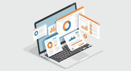 Isometric laptop with data analytics dashboard and floating graph elem