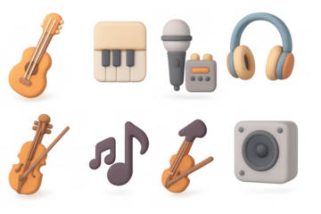 3d musical icons set: instruments, microphone, headphones, speaker