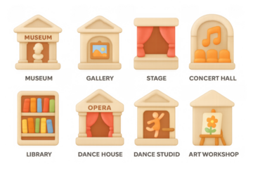 Cute 3d cultural buildings set: museum, gallery, stage, and more