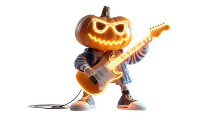 Pumpkin rockstar with electric guitar, glowing neon face, isolated on white