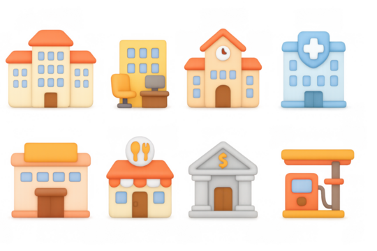 Cute 3d buildings set: school, office, bank, restaurant, hospital, sho