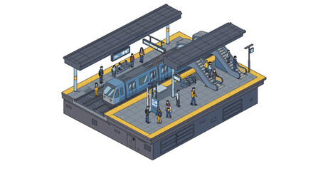 Isometric urban metro station scene featuring commuters and train plat