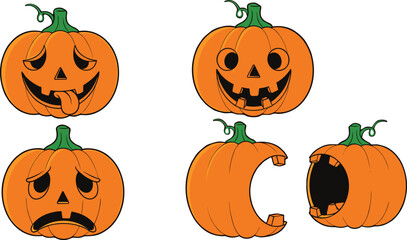 Halloween pumpkin faces illustration, carved jack o lantern cartoon, spooky scary funny expressions, seasonal autumn decoration design, holiday horror art