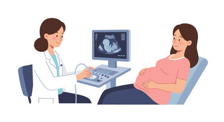 Pregnant woman receiving ultrasound examination from doctor in clinic setting