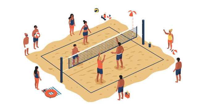 Isometric beach volleyball scene with active players and summertime elements