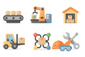 3d warehouse icons: automation, delivery, machinery, logistics, safety