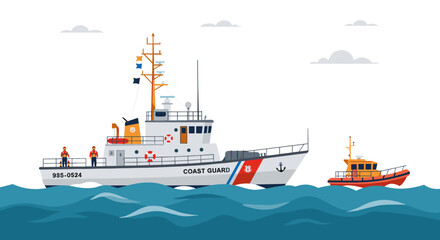 Fototapeta premium Coast guard ships on ocean with crew in uniform under clouds