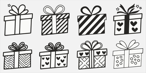 Set of Gift box line icon set. Present pack with editable stroke. Simple outline vector illustration for birthday, christmas, or anniversary celebration. Surprise package symbols. silhouette