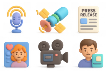 Colorful 3d icons set featuring media, technology, and people themes