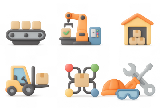 3d warehouse icons: automation, delivery, machinery, logistics, safety