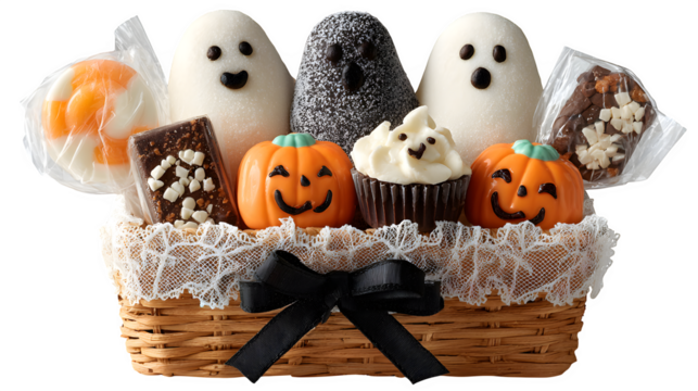 Halloween gift hamper with chocolates, pumpkin cookies, and ghost lollipops, isolated on white background