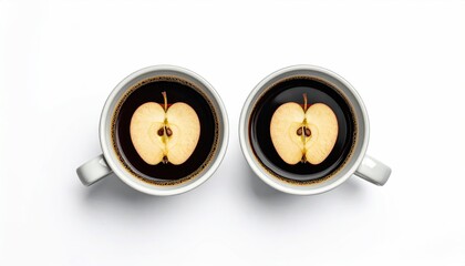 Two identical mugs of dark liquid, each containing a halved apple slice submerged at the center, viewed from above against a white background
