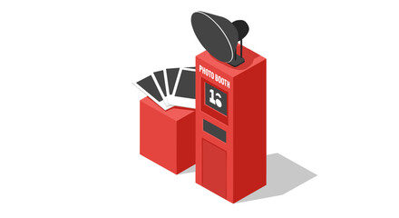 Isometric red photo booth with prints on display
