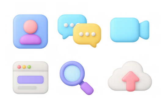 3d pastel icons set: social media and technology elements
