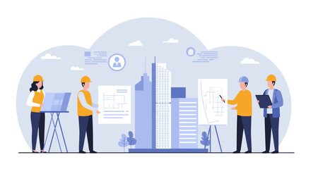 Architectural planning team discussing building blueprint in modern urban setting