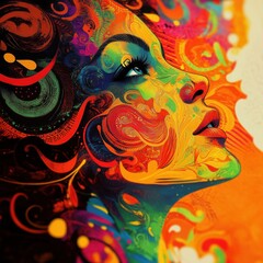 Obraz premium Vibrant abstract portrait of a woman creative art studio digital artwork colorful environment close-up view expression of emotions