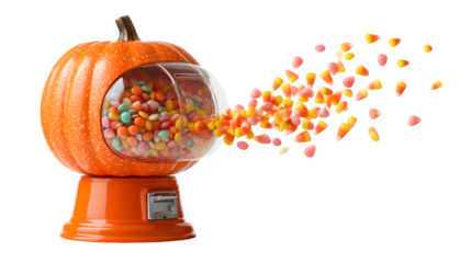 Pumpkin shaped like candy machine, candies dropping out, isolated on white