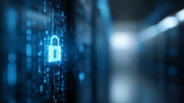 Digital padlock glowing on server screen, representing advanced cybersecurity measures protecting network infrastructure with sophisticated data protection technologies