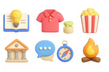 Colorful 3d icons of everyday objects including food, clothing, and to