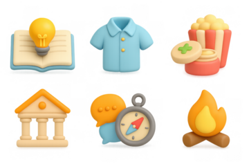 Colorful 3d icons set featuring light bulb, shirt, popcorn, money, tem