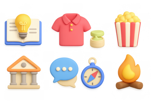 Colorful 3d icons of everyday objects including food, clothing, and to