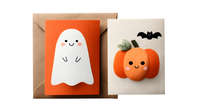 Halloween greeting card gift pack with ghost and pumpkin artwork, isolated on white background