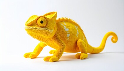 Obraz premium Yellow chameleon on white surface, vivid color and textured skin.