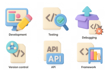 Colorful 3d icons representing software development stages and tools