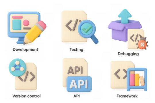 Colorful 3d icons representing software development stages and tools