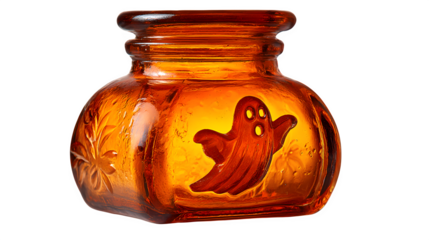 Halloween lantern with ghost silhouette carved on glass, isolated on white background