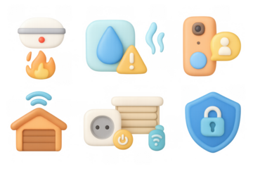 Home security and safety icons in 3d style for smart home systems