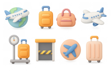 Travel journey set with airplane and luggage icons in 3d style