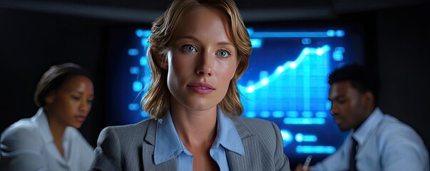 Strategic business blueprint outlining full plan concept. Professional businesswoman analyzing data in a modern office.