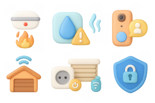 Home security and safety icons in 3d style for smart home systems